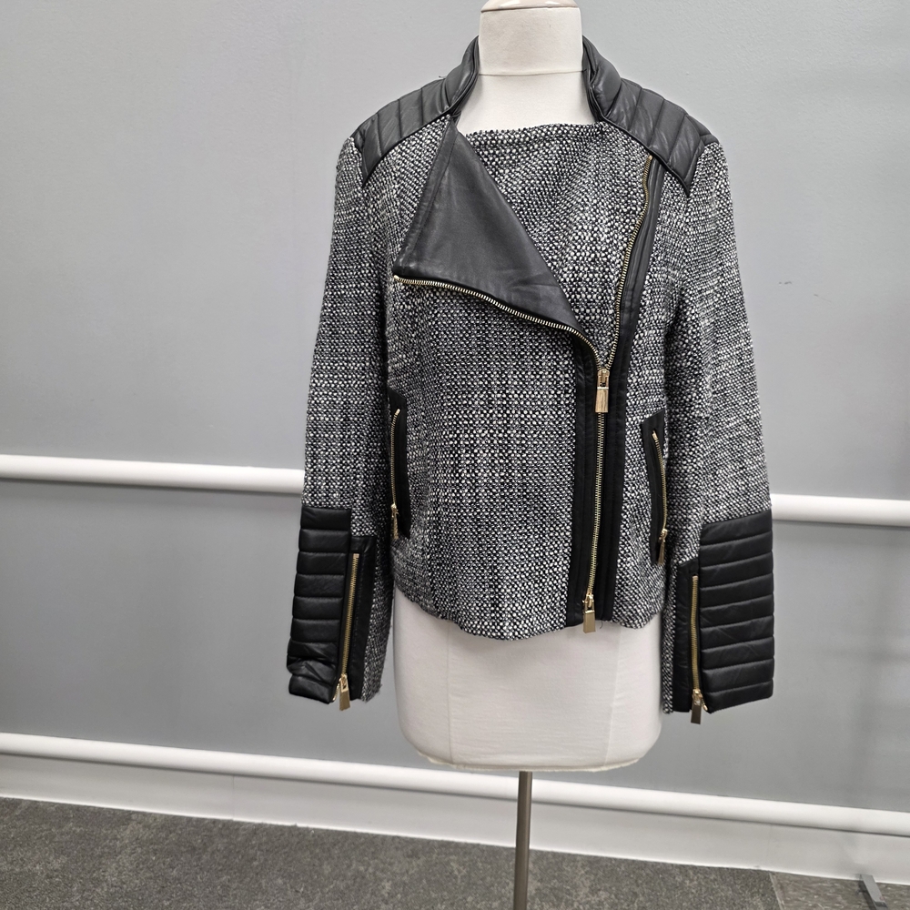 Vince Camuto Black and GrayTweed  Faux Leather Moto Jacket